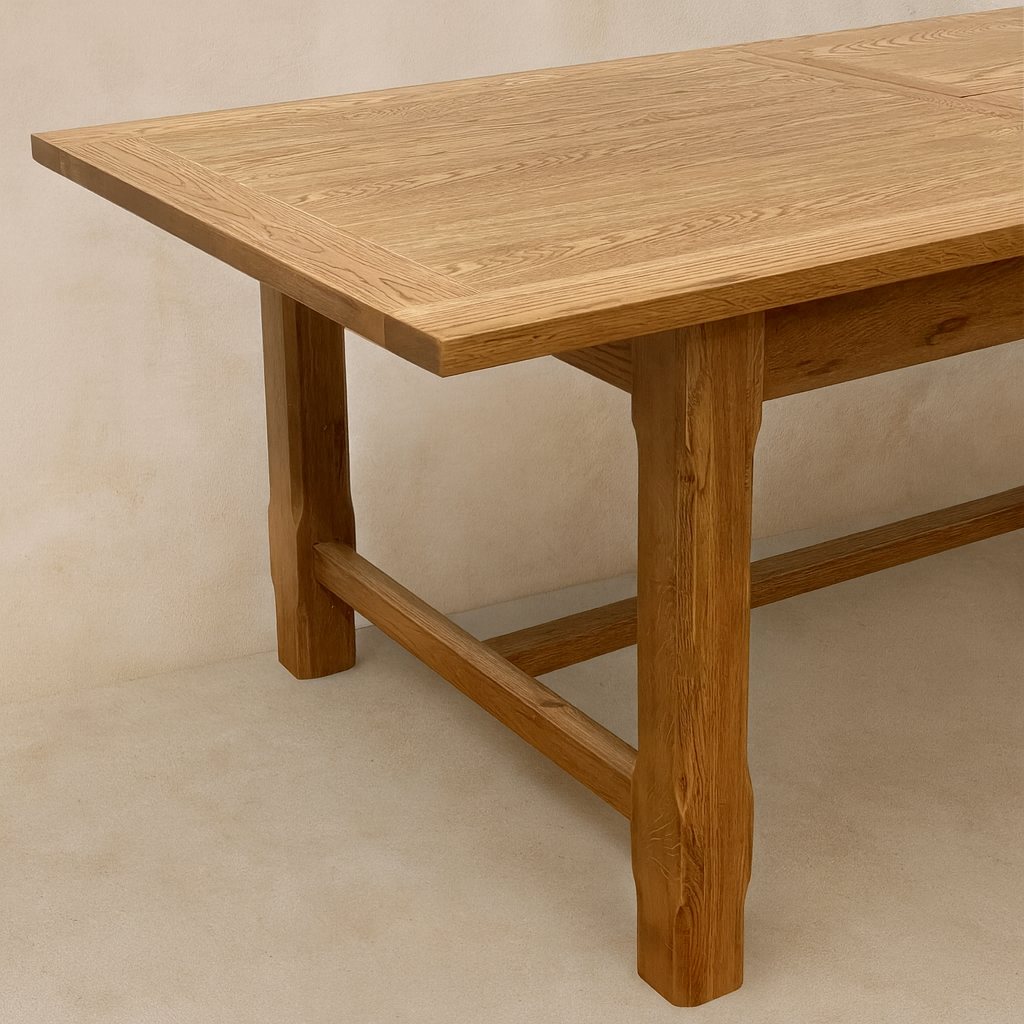 Extendable large dining table with a solid oak base.