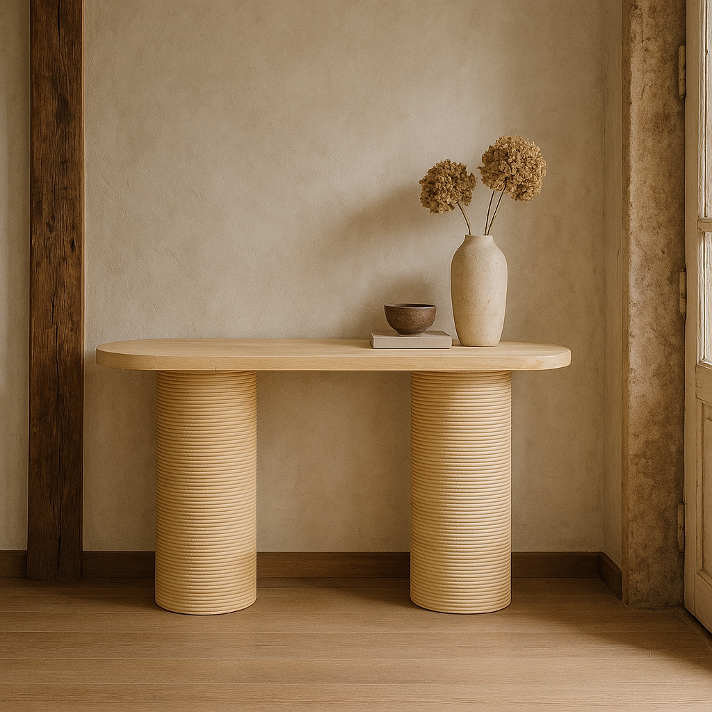 Wooden table with textured cylindrical legs Modern Organic Minimalist Console Table Wood