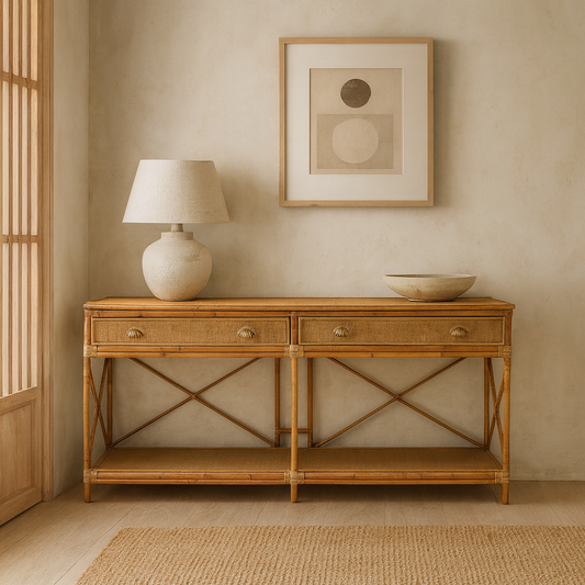 Bohemian Hamptons Rattan Side Table with Drawers