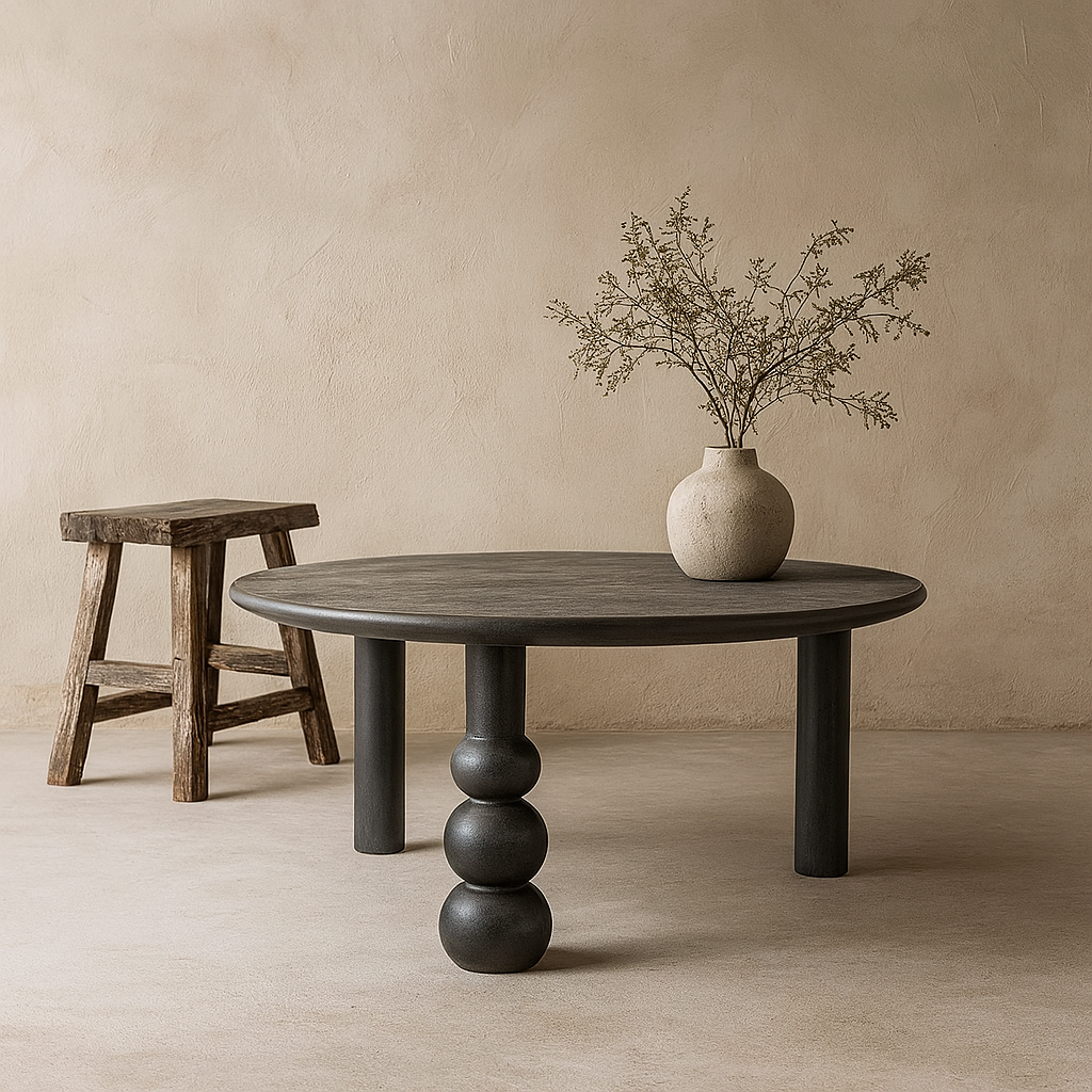 Round coffee table with three spherical legs 