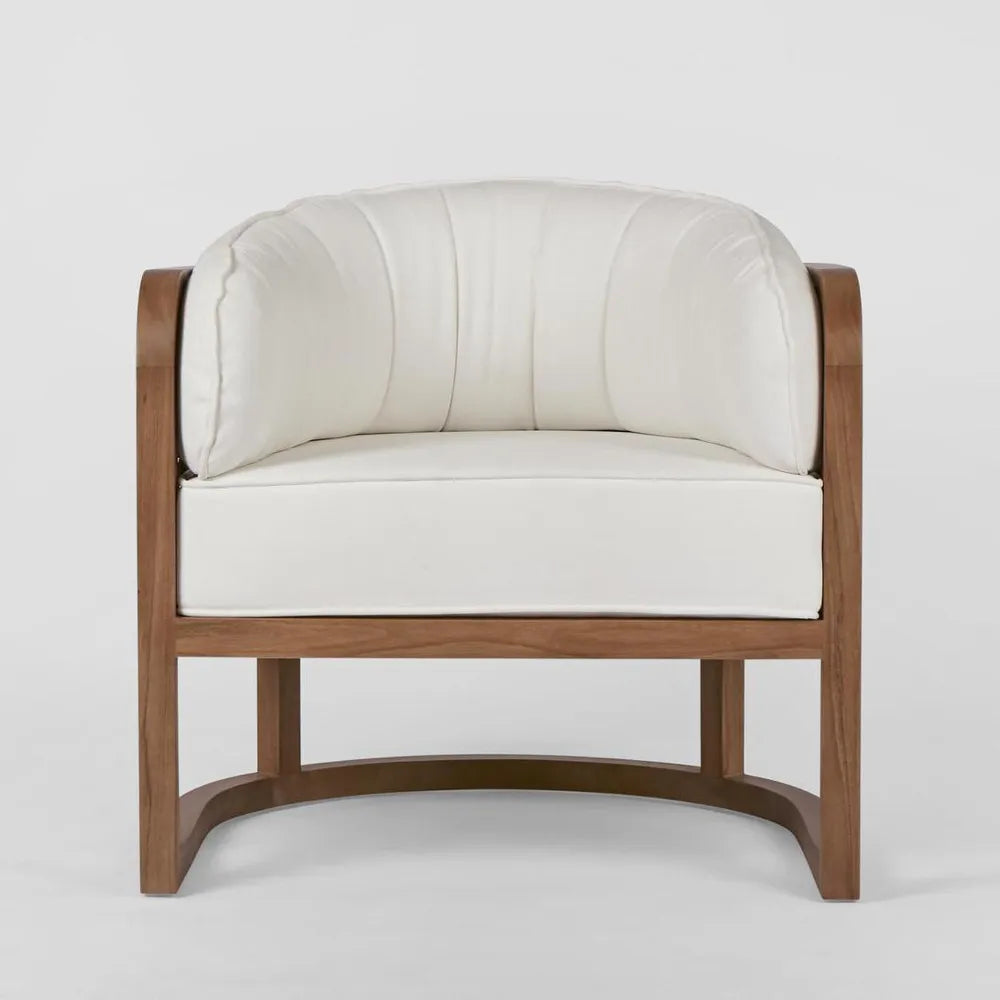 White cushioned outdoor chair teak