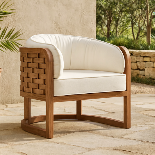 Outdoor Chair Rattan White Cushions Teak Hardwood