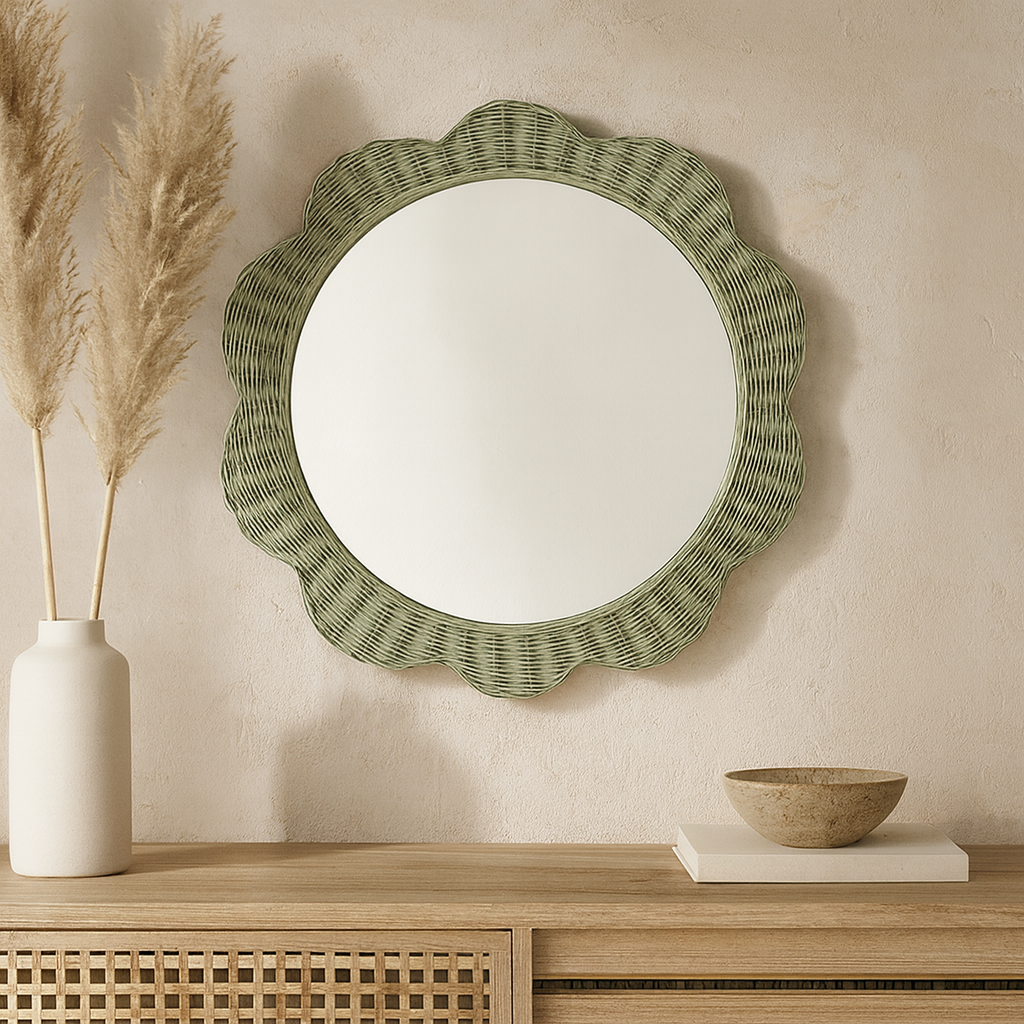Round Rattan Mirror Sage Green