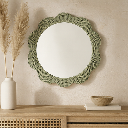 Round Rattan Mirror Sage Green