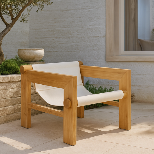 Brown sungkai wood armchair with white fabric sling seat.