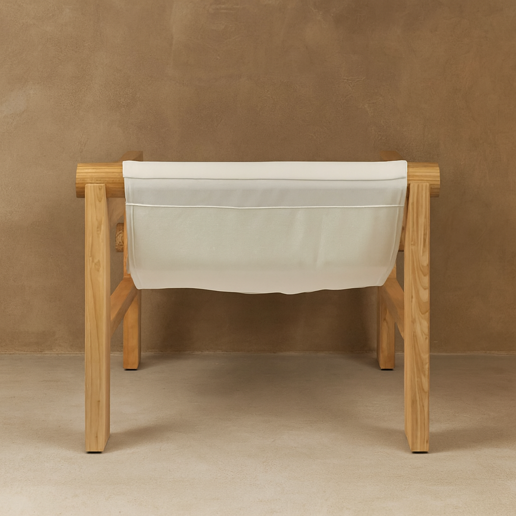 Brown sungkai wood armchair with white fabric sling seat.