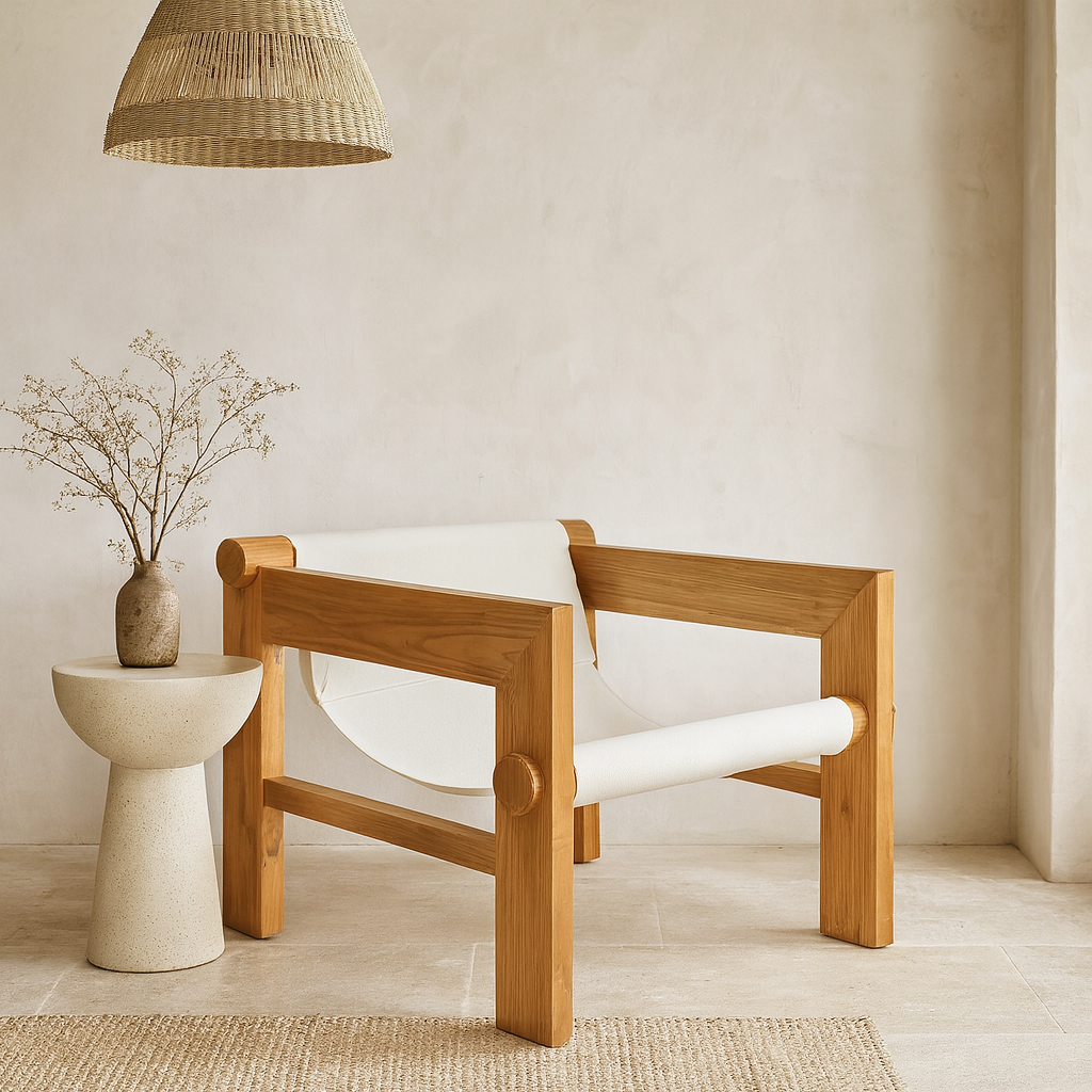 Brown sungkai wood armchair with white fabric sling seat.