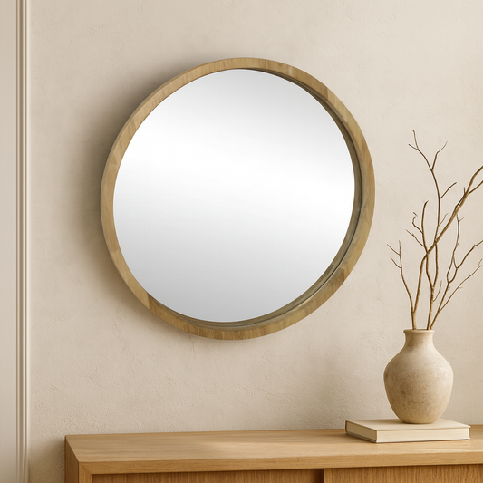 Round wall mirror framed in circle rubberwood. 