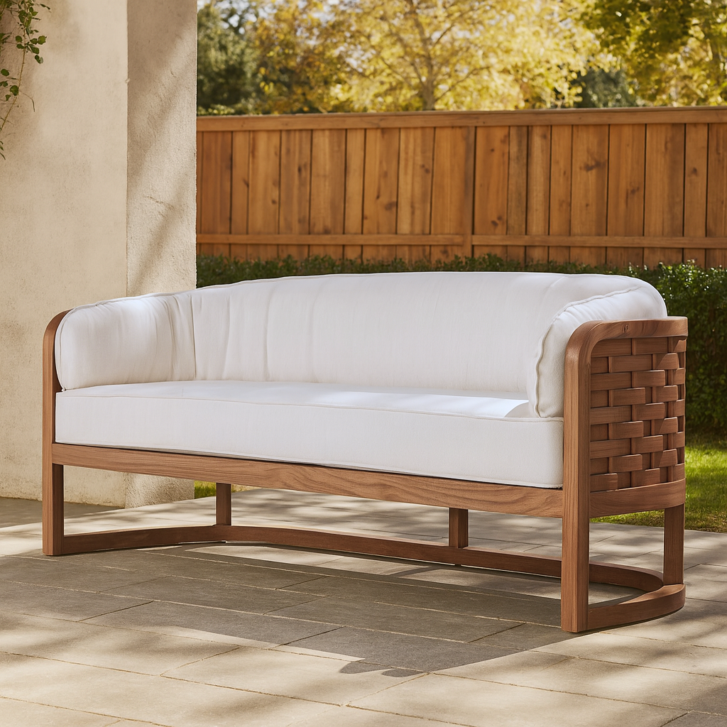3 Seater Outdoor Sofa White Cushions Teak Hardwood